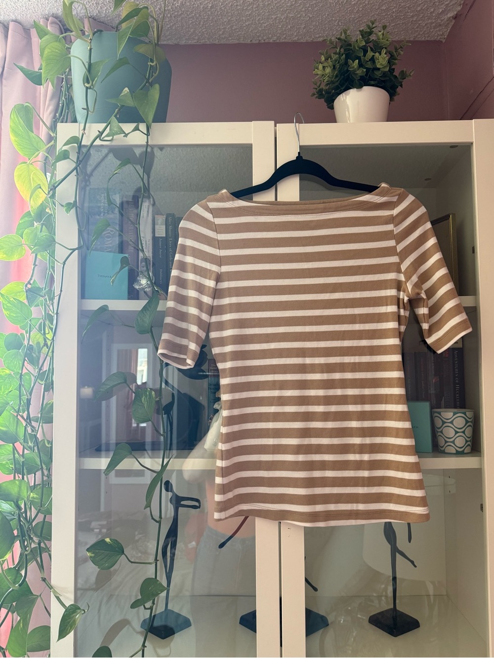 Ellen Tracy Tan and White Striped Boatneck Short Sleeve Top